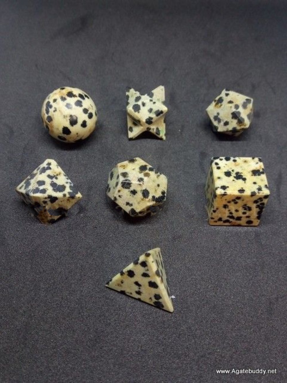 Natural Dalmatian Jasper Gemstone Platonic Solids Geometry Set - Agate Stone, Includes Square, Round, Octagonal, Hexagonal, Star Shapes, Velvet Pouch