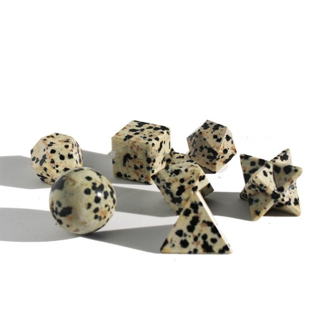 Natural Dalmatian Jasper Gemstone Platonic Solids Geometry Set - Agate Stone, Includes Square, Round, Octagonal, Hexagonal, Star Shapes, Velvet Pouch