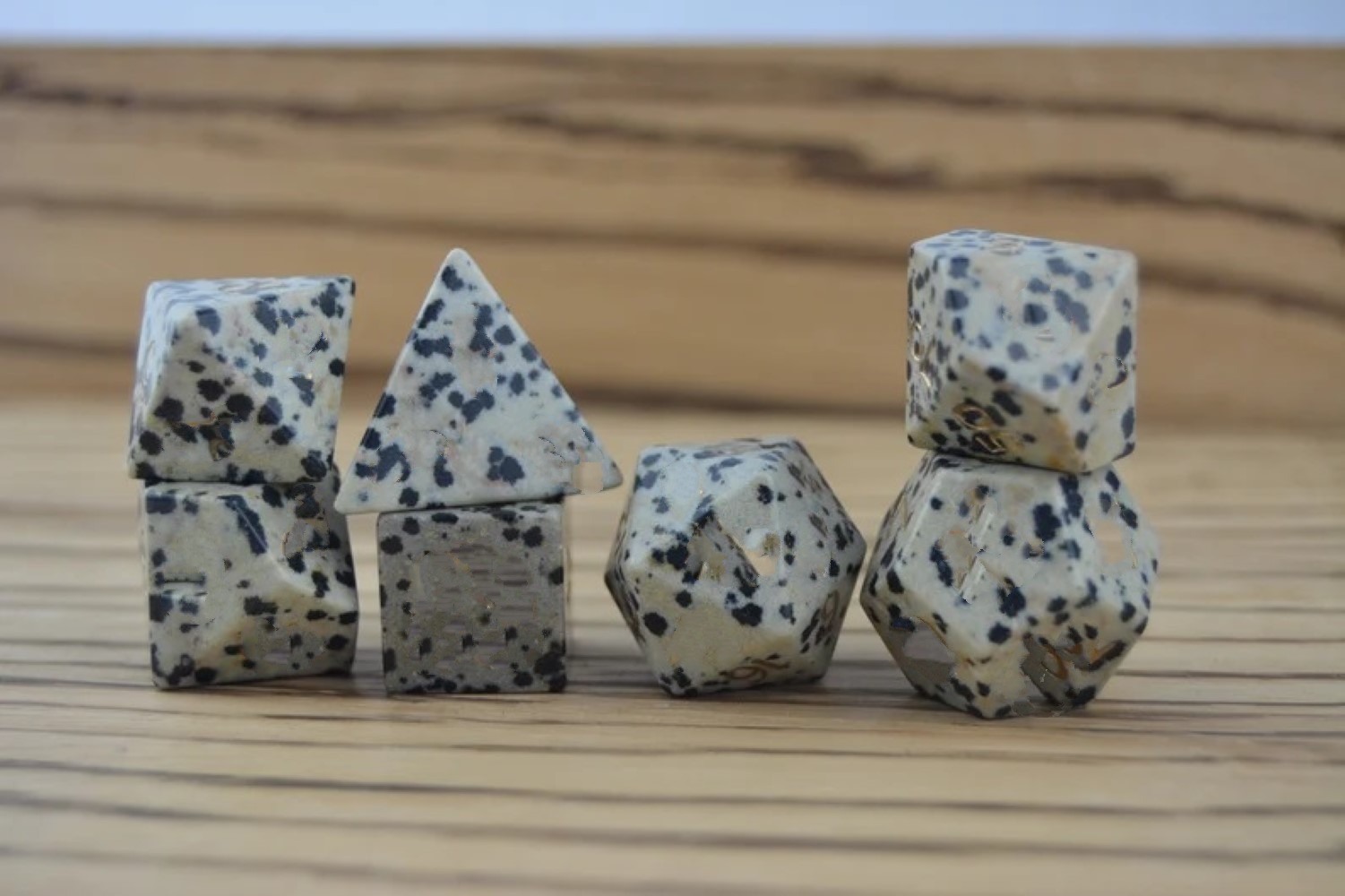 Natural Dalmatian Jasper Gemstone Platonic Solids Geometry Set - Agate Stone, Includes Square, Round, Octagonal, Hexagonal, Star Shapes, Velvet Pouch