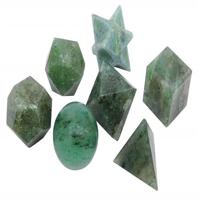 Natural Green Aventurine Gemstone Platonic Solids Geometry Set - Aventurine Material, Includes 5 Shapes: Square, Round, Octagonal, Hexagonal, Star | Enhances Energy And Well-being