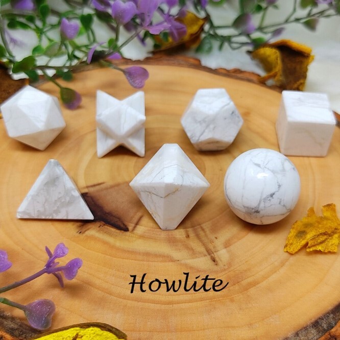 Natural Howlite Gemstone Platonic Solids Geometry Set - Color: White