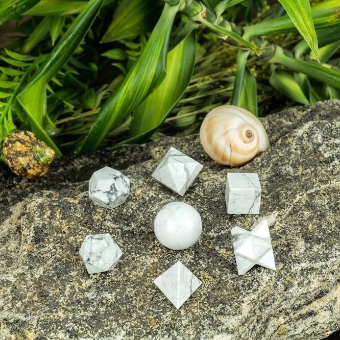 Natural Howlite Gemstone Platonic Solids Geometry Set - Color: White