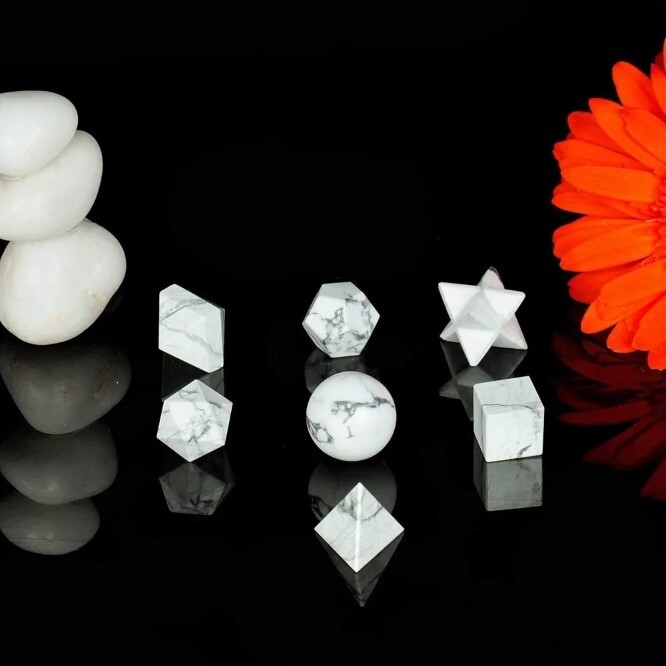 Natural Howlite Gemstone Platonic Solids Geometry Set - Color: White