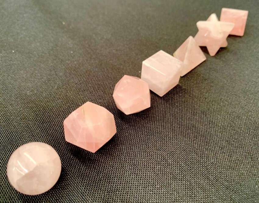 Natural Rose Quartz Gemstone Platonic Solids Geometry Set - Color: Pink