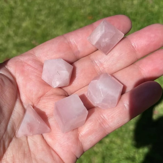 Natural Rose Quartz Gemstone Platonic Solids Geometry Set - Color: Pink
