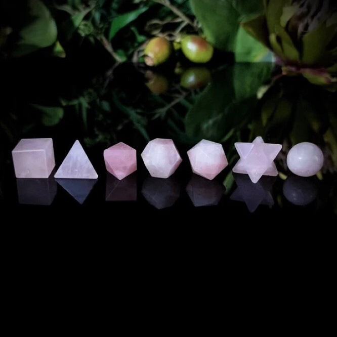 Natural Rose Quartz Gemstone Platonic Solids Geometry Set - Color: Pink