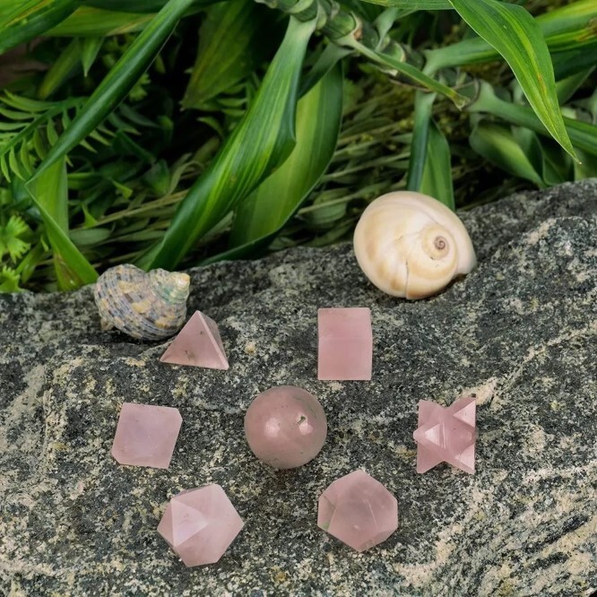 Natural Rose Quartz Gemstone Platonic Solids Geometry Set - Color: Pink