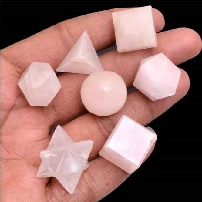 Natural Rose Quartz Gemstone Platonic Solids Geometry Set - Color: Pink