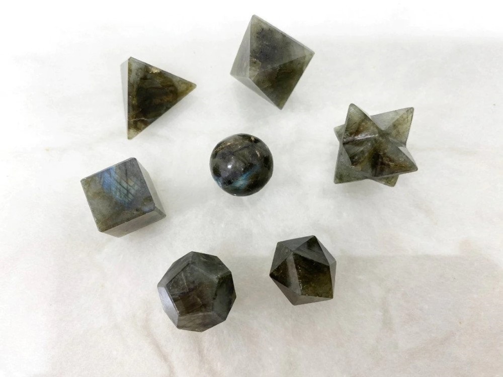 Natural Labradorite Gemstone Platonic Solids Geometry Set - Natural Labradorite, 2 Inch Size, Grey Color | Promotes Love, Friendship, Thoughtful Gift