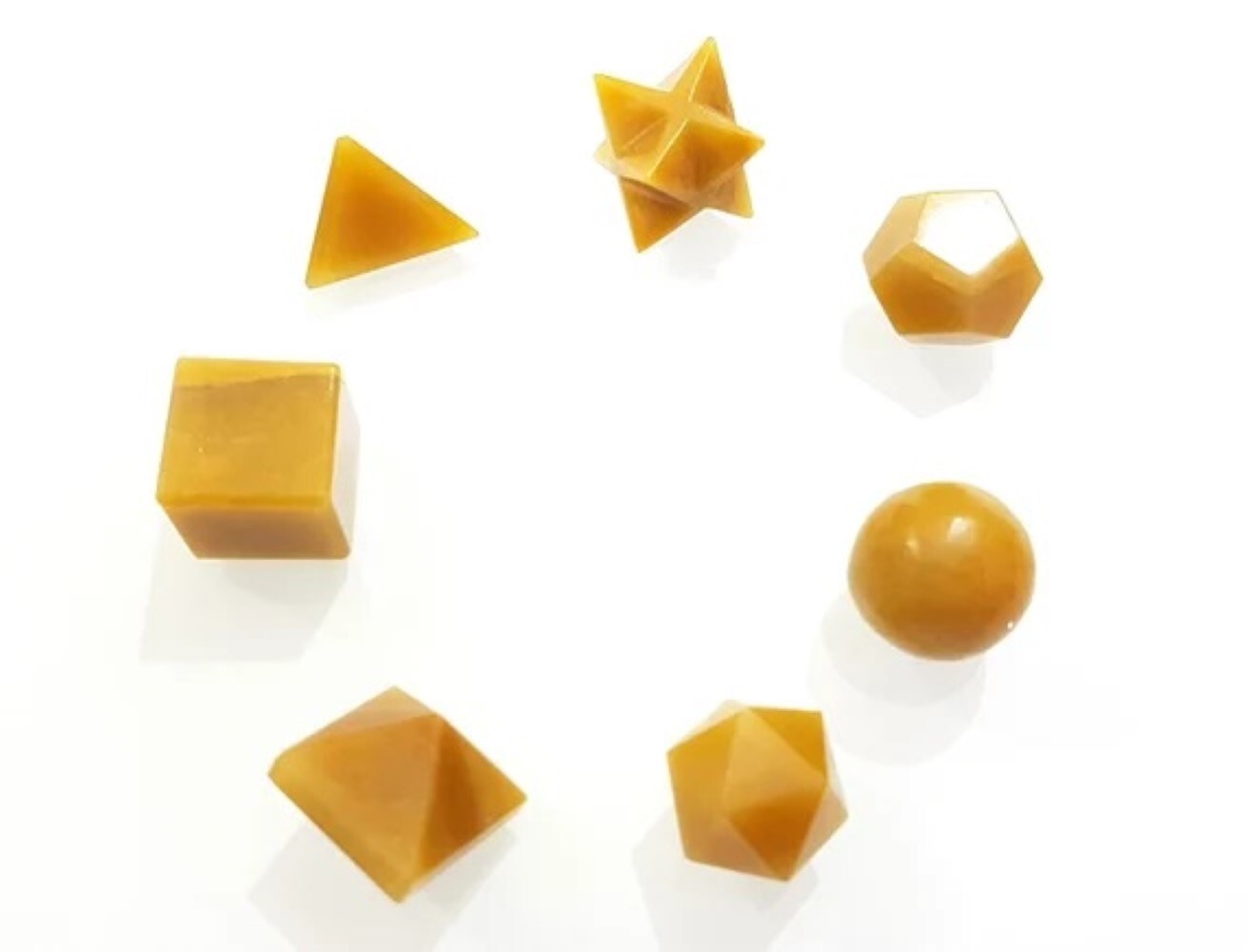 Natural Yellow Aventurine Gemstone Platonic Solids Geometry Set - Natural Stone, 5 Unique Pieces, Yellow Color , Perfect For Meditation And Gift Giving