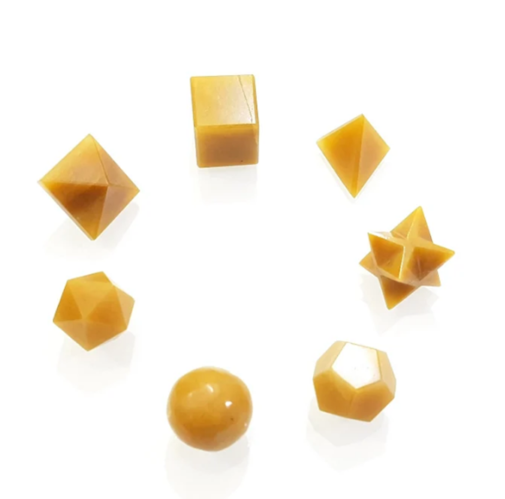 Natural Yellow Aventurine Gemstone Platonic Solids Geometry Set - Natural Stone, 5 Unique Pieces, Yellow Color , Perfect For Meditation And Gift Giving