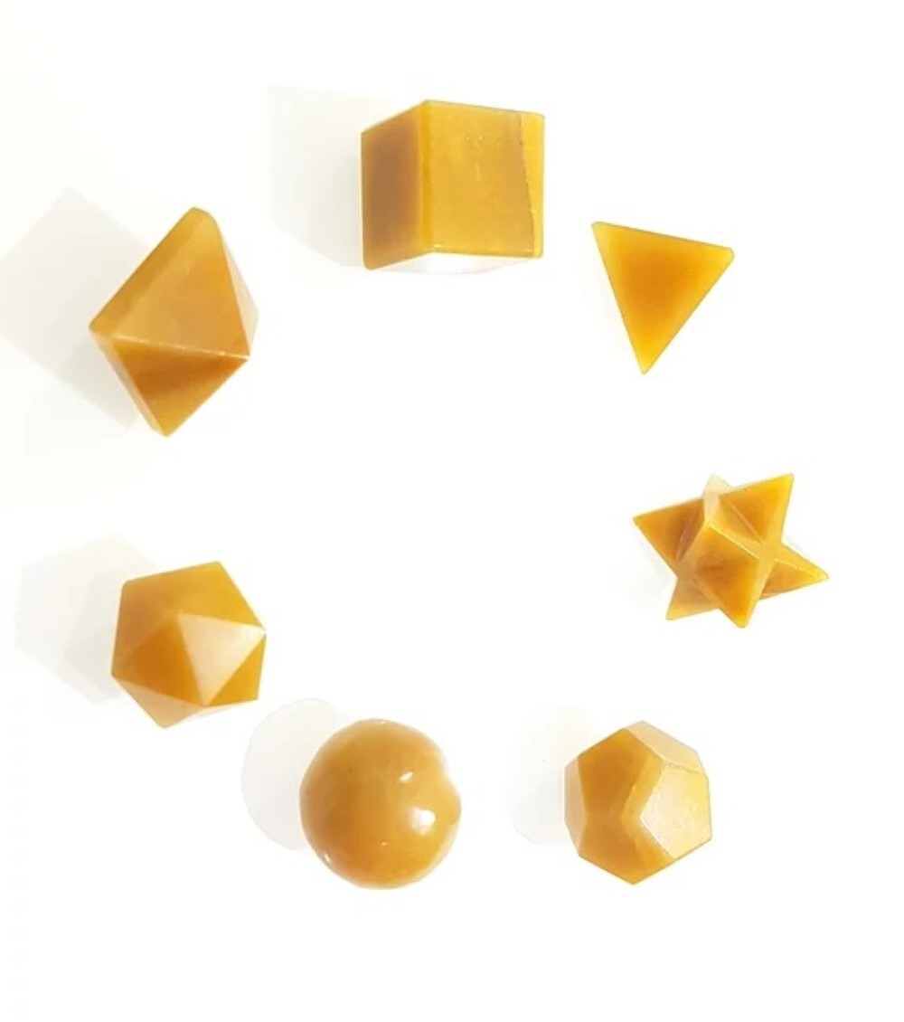 Natural Yellow Aventurine Gemstone Platonic Solids Geometry Set - Natural Stone, 5 Unique Pieces, Yellow Color , Perfect For Meditation And Gift Giving