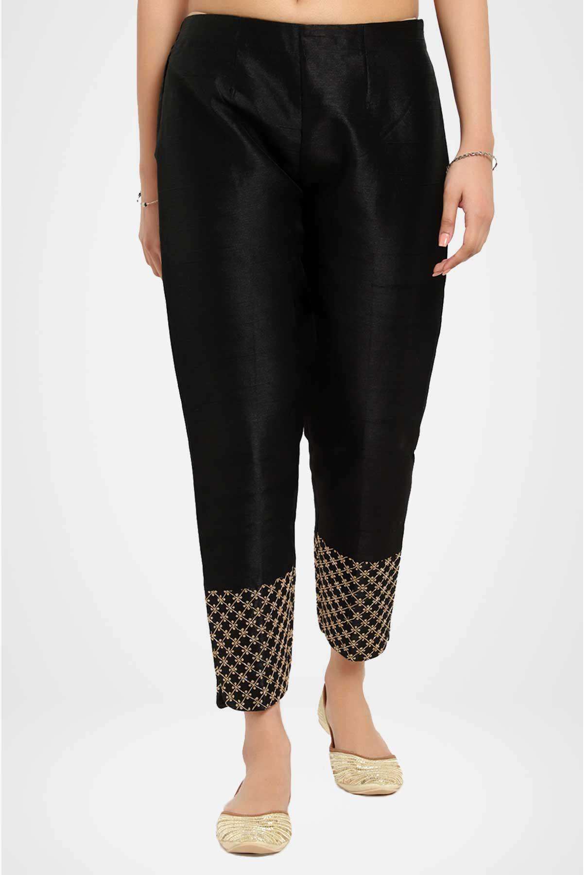 Qt Pants - Silk Fabric With Zari Work Detail At The Hem, Casual Elegance For Ladies' Partywear Attire