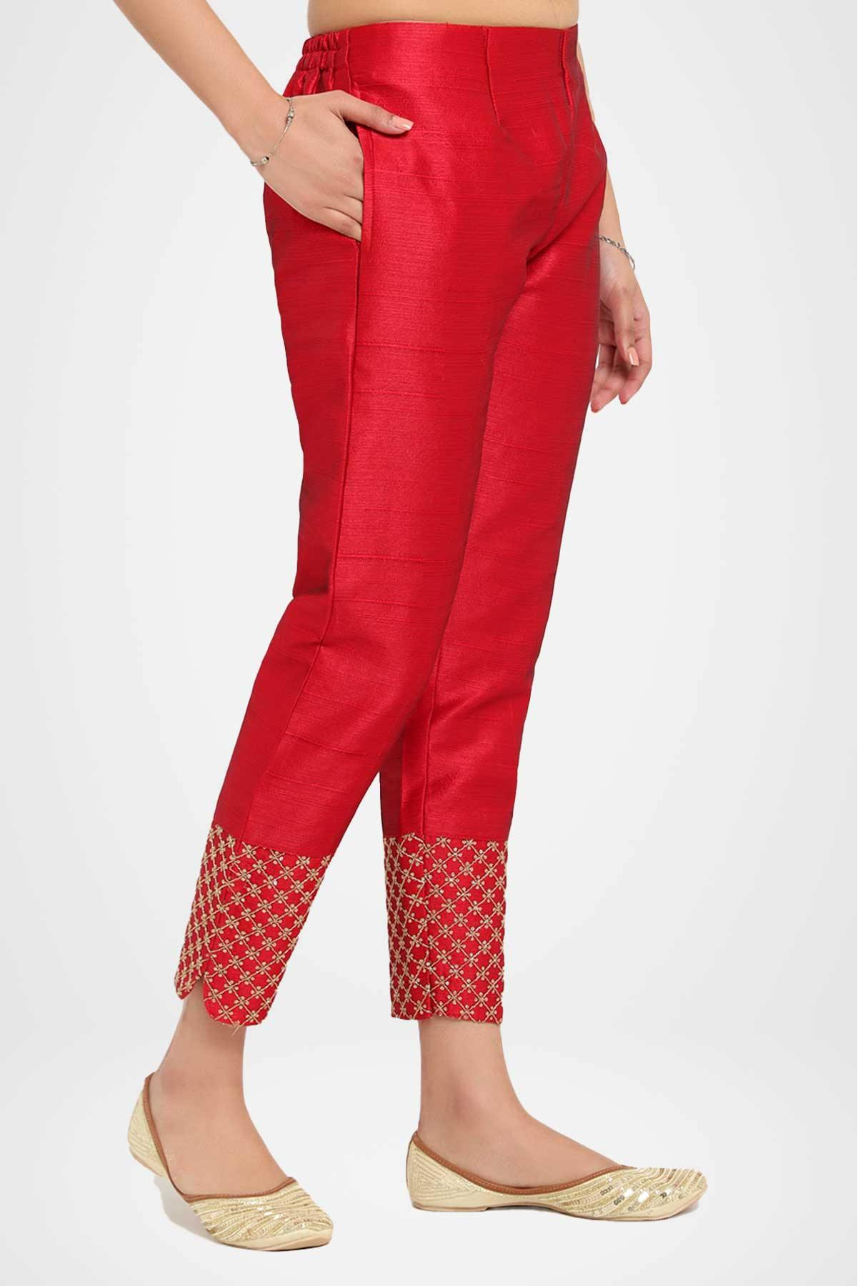 Qt Pants - Silk Fabric With Zari Work Detail At The Hem, Casual Elegance For Ladies' Partywear Attire