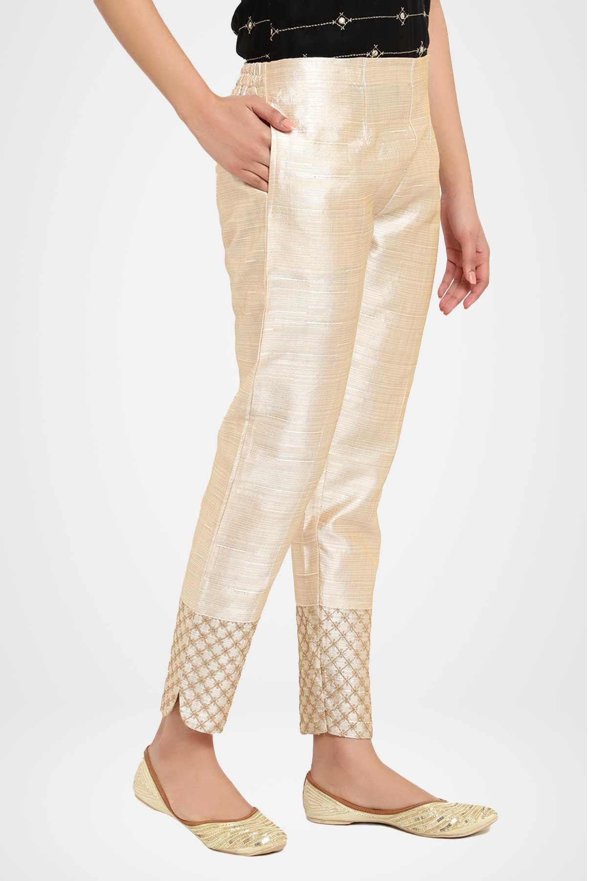 Qt Pants - Silk Fabric With Zari Work Detail At The Hem, Casual Elegance For Ladies' Partywear Attire