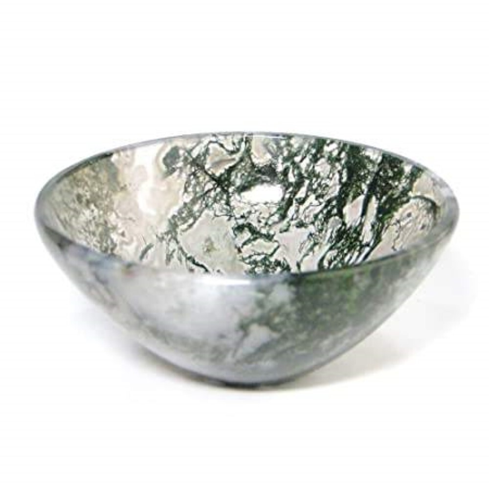 Natural Moss Agate Stone Gemstone Crystal Bowl - Agate Material, 4 Inch Size, White & Green Color | Round Brilliant Cut, A+ Grade, 100 Grams Weight