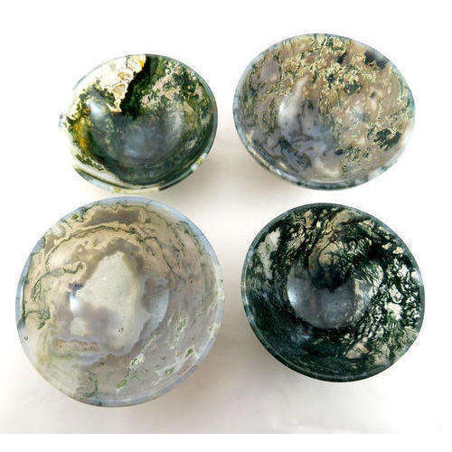 Natural Moss Agate Stone Gemstone Crystal Bowl - Agate Material, 4 Inch Size, White & Green Color | Round Brilliant Cut, A+ Grade, 100 Grams Weight