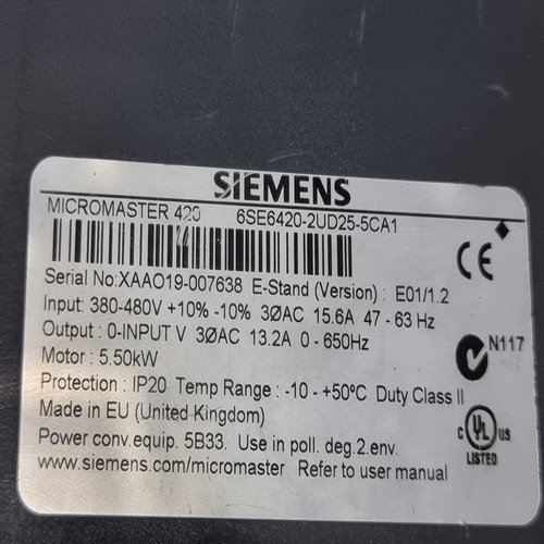 Siemens 6se6420-2ud25-5ca1 Micromaster Inverter Drive