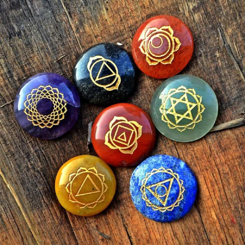 Natural 7 Chakras Stone Round Shape Reiki Healing Set With Flower Of Life Box - Stone 27-32mm 2 Inch | Handmade Carved Various Colors Religious Style