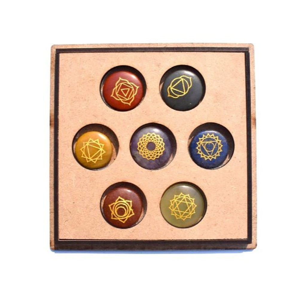 Natural 7 Chakras Stone Round Shape Reiki Healing Set With Flower Of Life Box - Stone 27-32mm 2 Inch | Handmade Carved Various Colors Religious Style