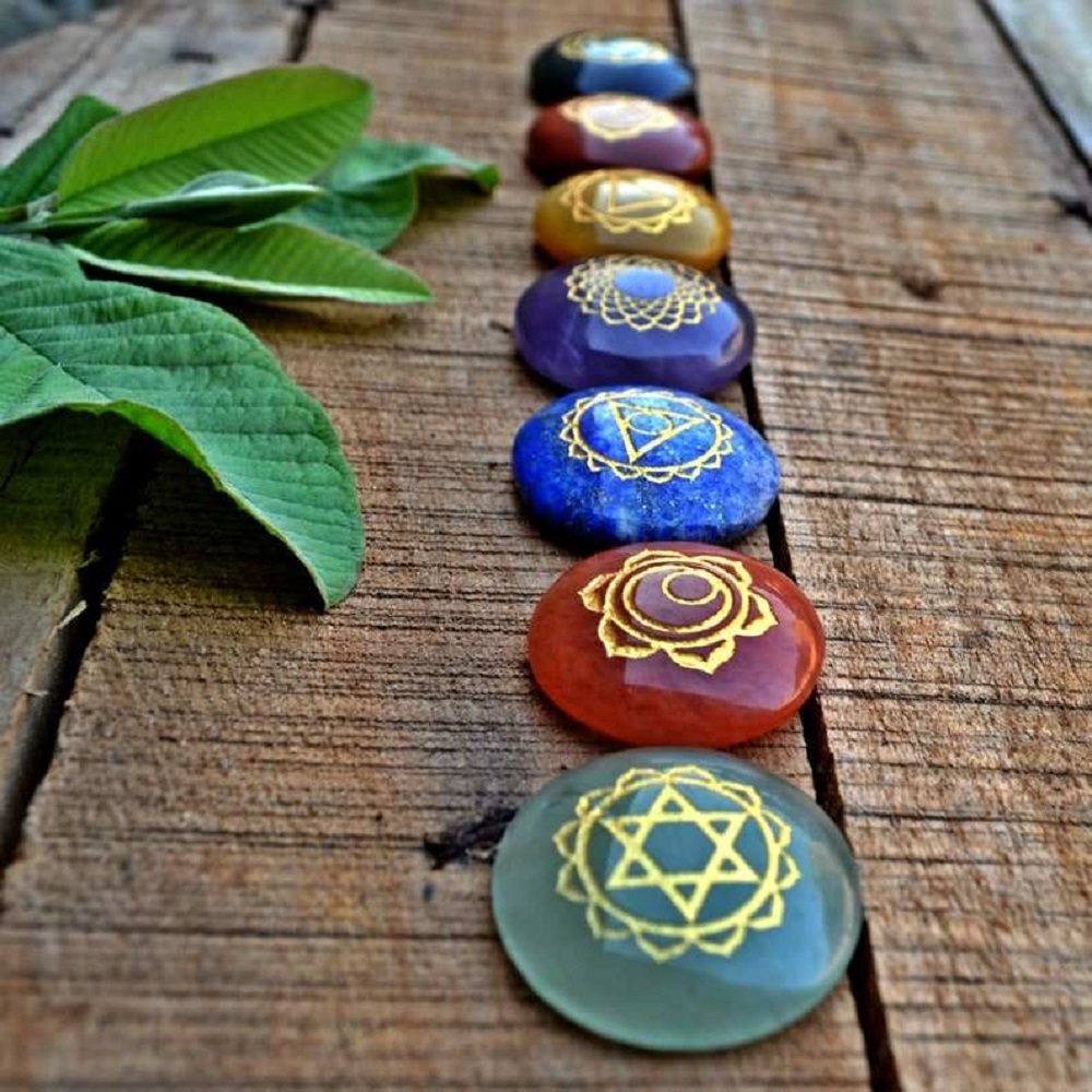 Natural 7 Chakras Stone Round Shape Reiki Healing Set With Flower Of Life Box - Stone 27-32mm 2 Inch | Handmade Carved Various Colors Religious Style