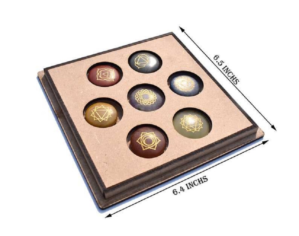 Natural 7 Chakras Stone Round Shape Reiki Healing Set With Flower Of Life Box - Stone 27-32mm 2 Inch | Handmade Carved Various Colors Religious Style