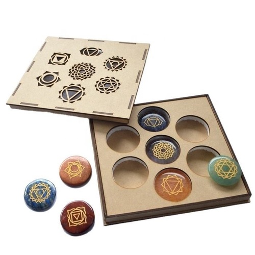 Natural 7 Chakras Stone Oval Round Heart Shape Reiki Healing Set With 7 Chakra Box - Stone, 2x2 Inch, Various Colors | Handmade, Carved Finish, 27-32 Mm Size
