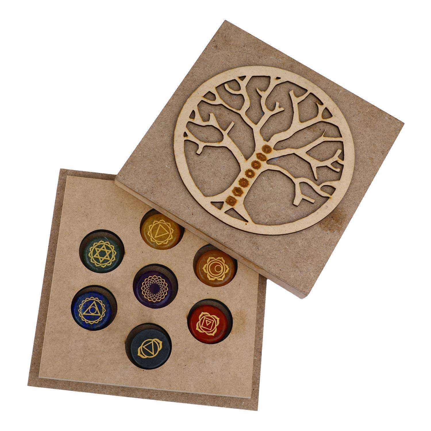 Natural 7 Chakras Stone Oval Round Heart Shape Reiki Healing Set With 7 Chakra Box - Stone, 2x2 Inch, Various Colors | Handmade, Carved Finish, 27-32 Mm Size