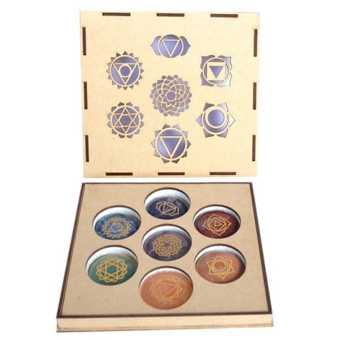 Natural 7 Chakras Stone Oval Round Heart Shape Reiki Healing Set With 7 Chakra Box - Stone, 2x2 Inch, Various Colors | Handmade, Carved Finish, 27-32 Mm Size