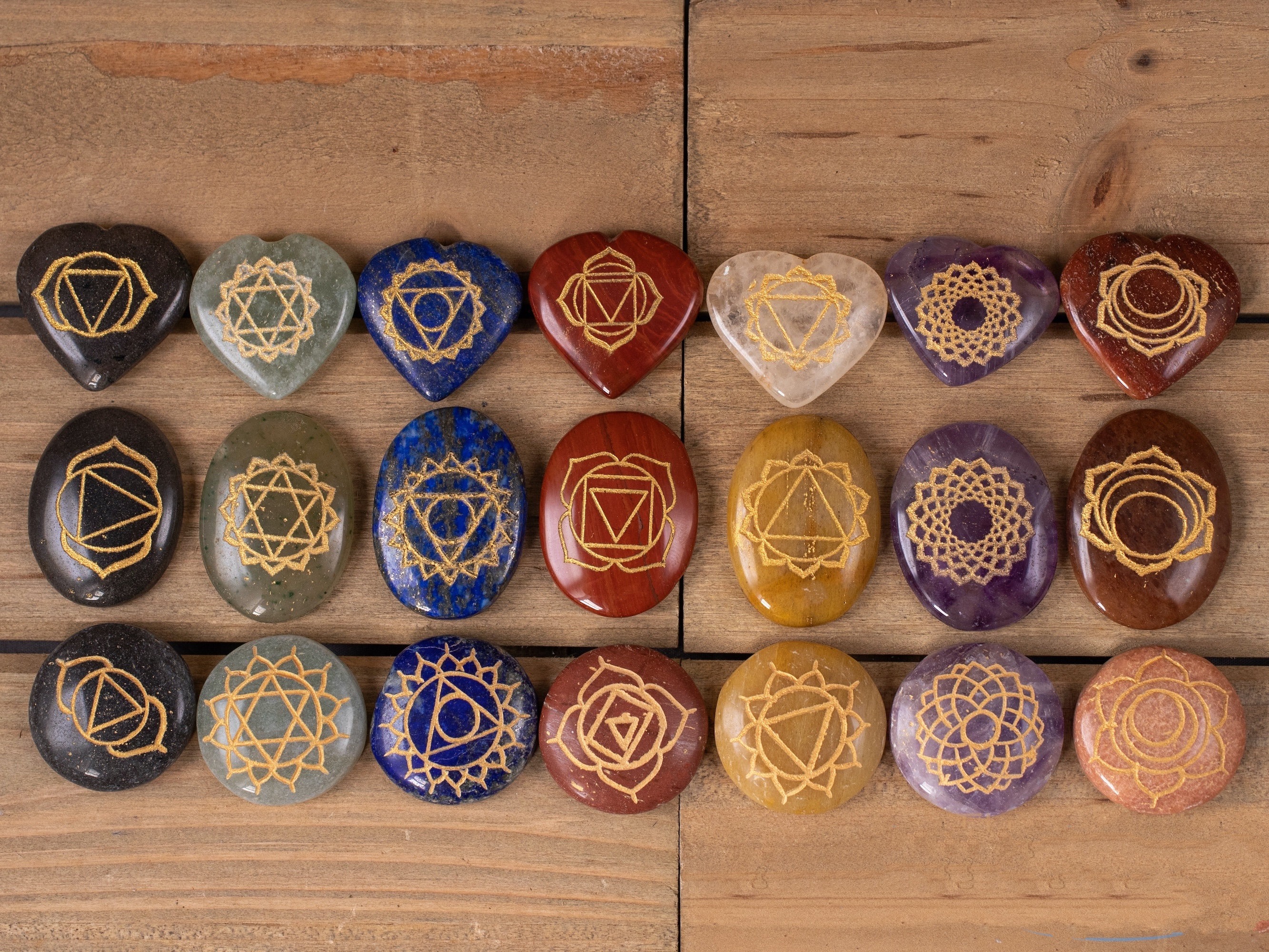 Natural 7 Chakras Stone Oval Round Heart Shape Reiki Healing Set With 7 Chakra Box - Stone, 2x2 Inch, Various Colors | Handmade, Carved Finish, 27-32 Mm Size