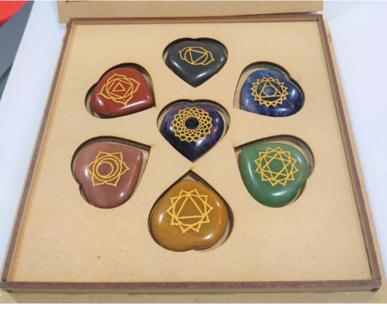 Natural 7 Chakras Stone Oval Round Heart Shape Reiki Healing Set With 7 Chakra Box - Stone, 2x2 Inch, Various Colors | Handmade, Carved Finish, 27-32 Mm Size