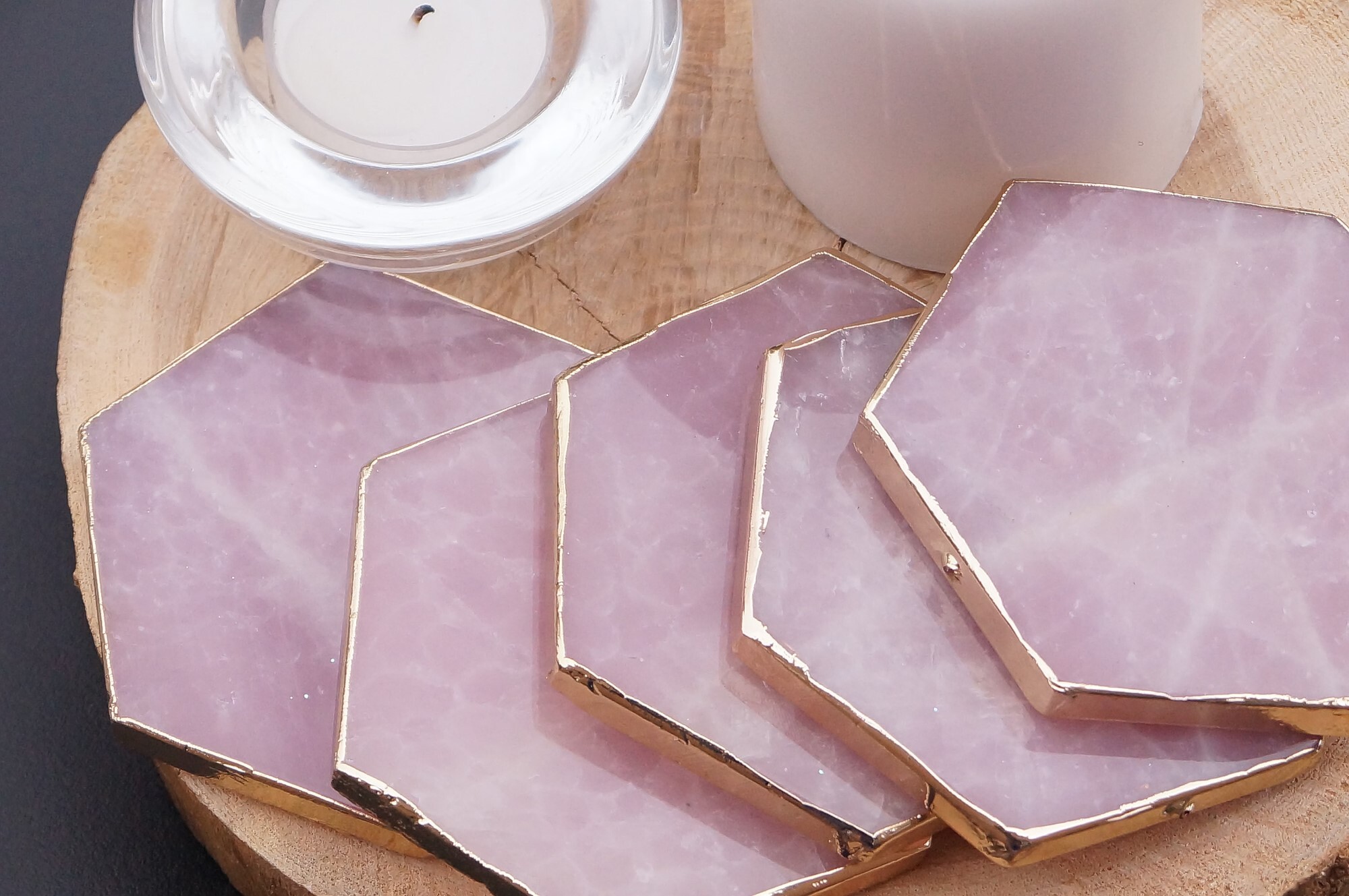 Natural High Quality Rose Quartz Golden Plated Hexagonal Shape Gemstone Coasters - Quartz, 3-4 Inches, Pink Rose Color | Durable, Natural Stone Coasters For Home Or Office