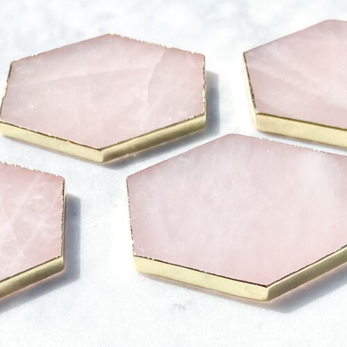 Natural High Quality Rose Quartz Golden Plated Hexagonal Shape Gemstone Coasters - Quartz, 3-4 Inches, Pink Rose Color | Durable, Natural Stone Coasters For Home Or Office
