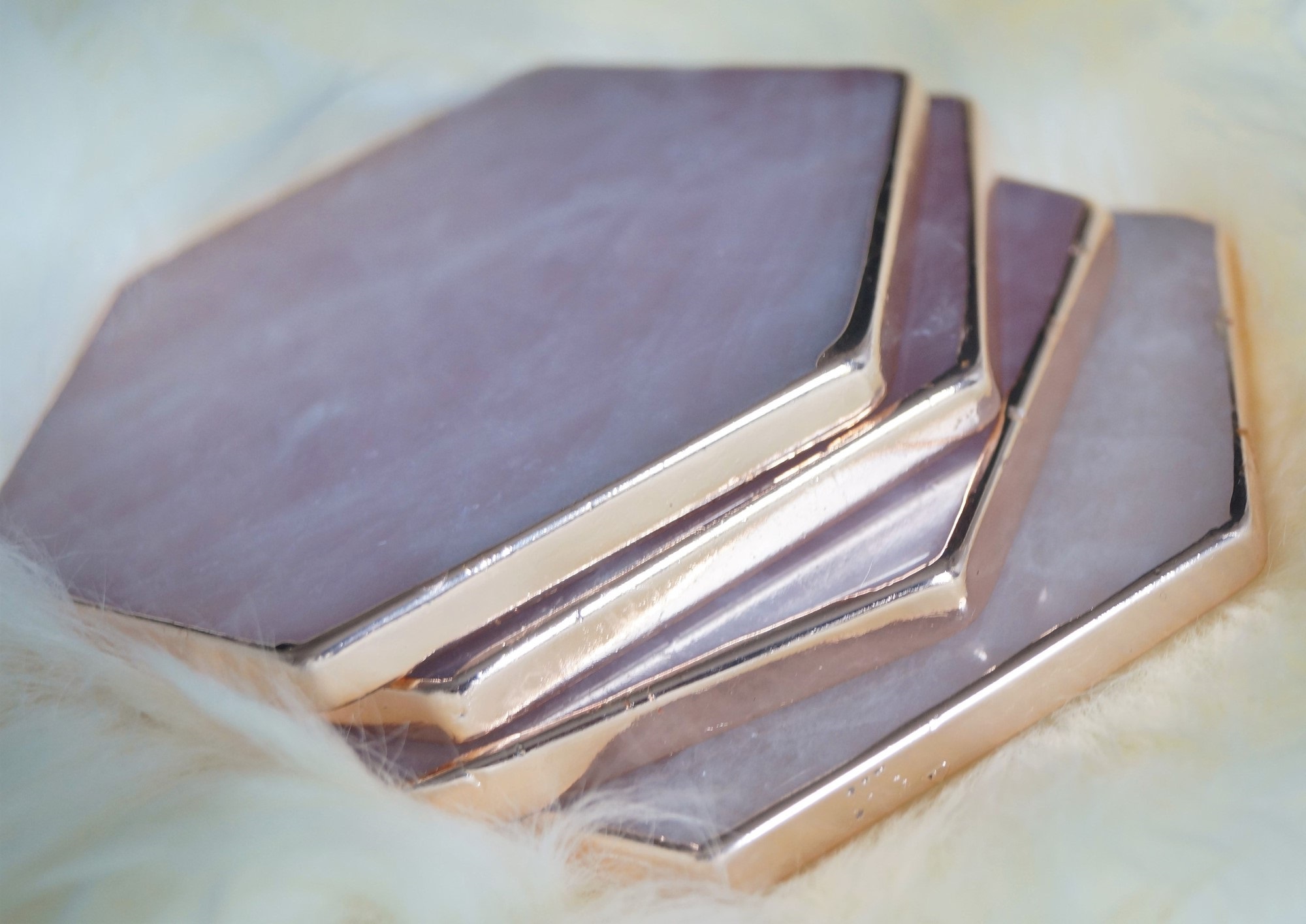 Natural High Quality Rose Quartz Golden Plated Hexagonal Shape Gemstone Coasters - Quartz, 3-4 Inches, Pink Rose Color | Durable, Natural Stone Coasters For Home Or Office