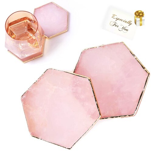 Natural High Quality Rose Quartz Golden Plated Hexagonal Shape Gemstone Coasters - Quartz, 3-4 Inches, Pink Rose Color | Durable, Natural Stone Coasters For Home Or Office