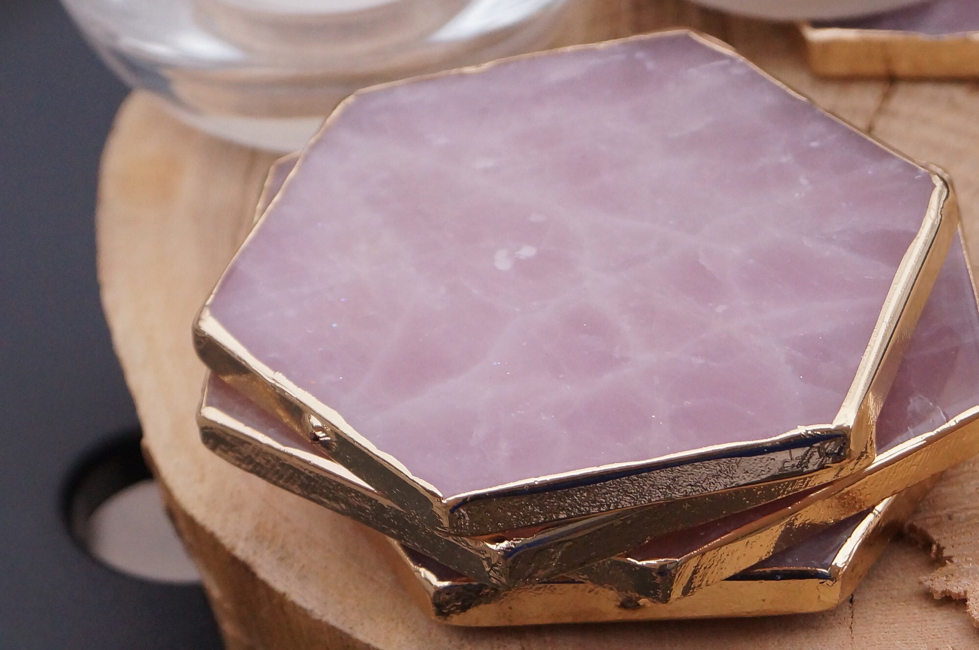 Natural High Quality Rose Quartz Golden Plated Hexagonal Shape Gemstone Coasters - Quartz, 3-4 Inches, Pink Rose Color | Durable, Natural Stone Coasters For Home Or Office