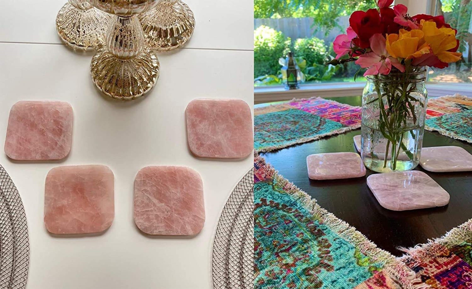 Natural High Quality Rose Quartz Golden Plated Rounded Rectangle Shape Gemstone Coasters - Grade: A+