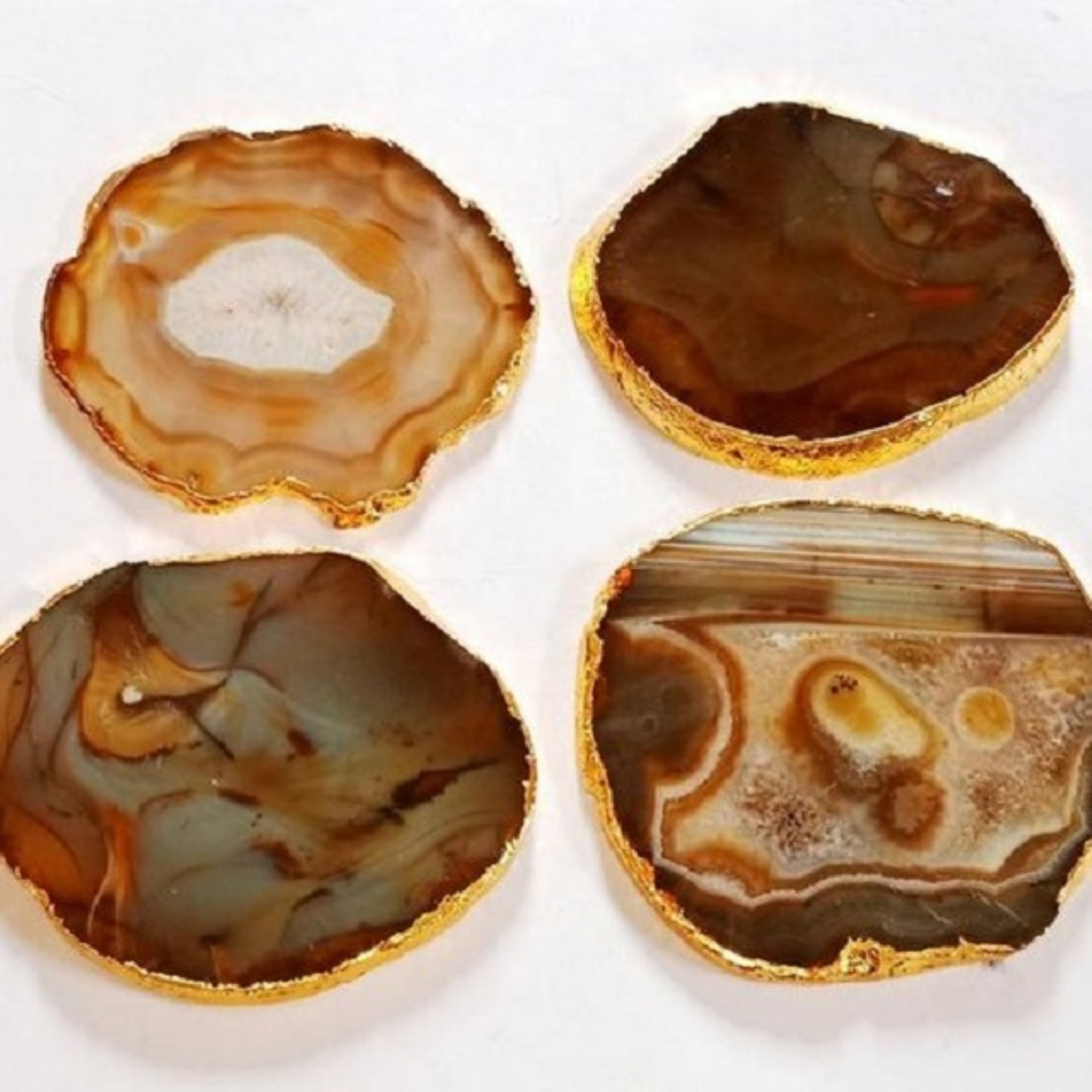 Natural Brown Agate Bulk Stone Gold Electroplated Round Shape Gemstone Coaster - Grade: A+