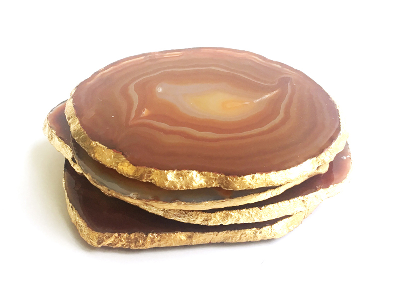 Natural Brown Agate Bulk Stone Gold Electroplated Round Shape Gemstone Coaster - Grade: A+