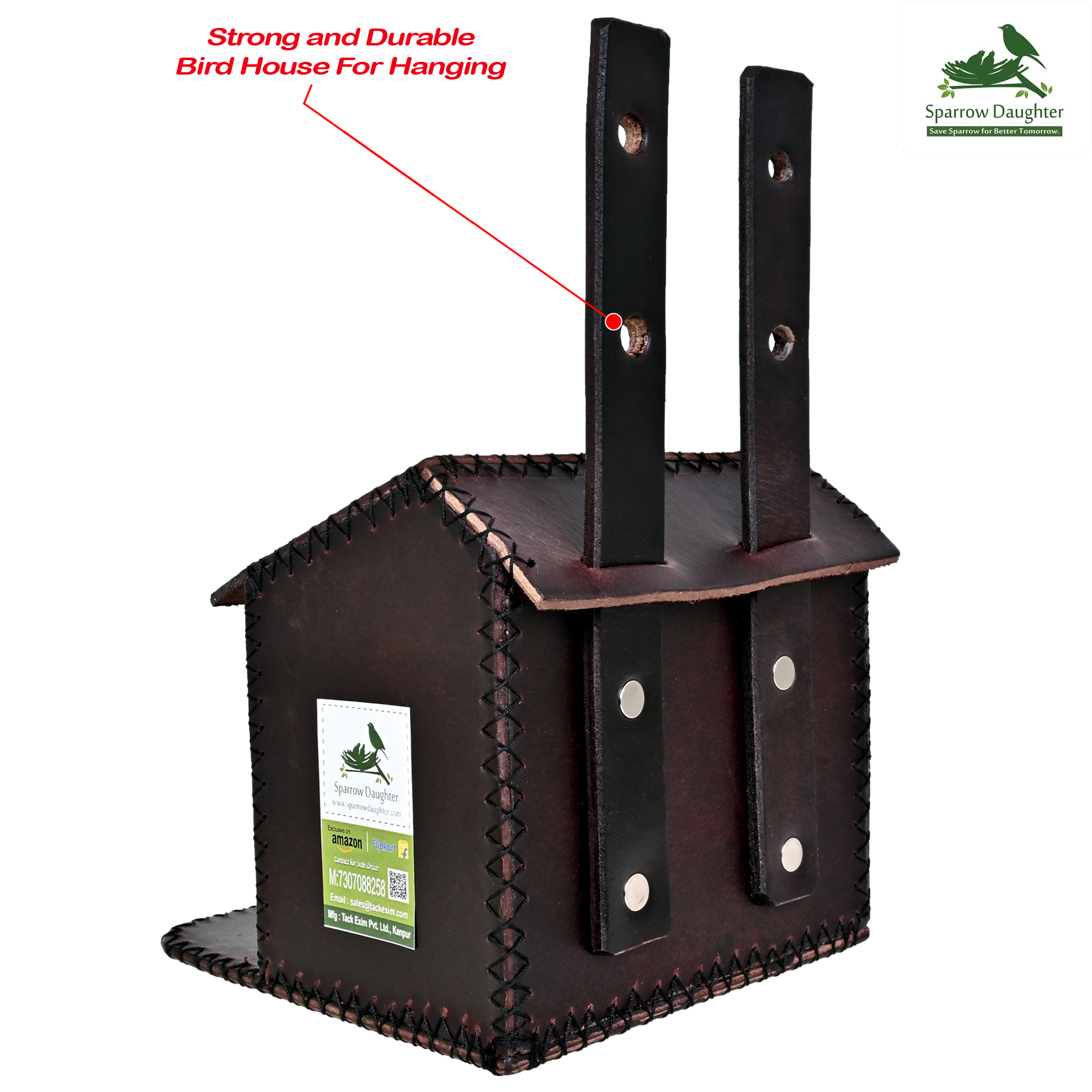 Flower Embedded Bird House For Sparrow - Leather, Vegan Leather, Synthetic Leather | Dark Brown, Dimensions: 16.5x16x26 Cm, Easy Installation, Handcrafted By Artisans
