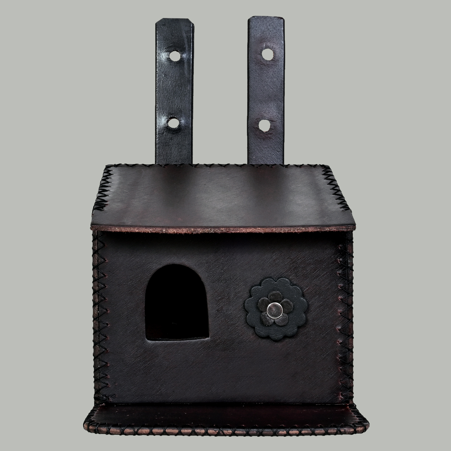Flower Embedded Bird House For Sparrow - Leather, Vegan Leather, Synthetic Leather | Dark Brown, Dimensions: 16.5x16x26 Cm, Easy Installation, Handcrafted By Artisans