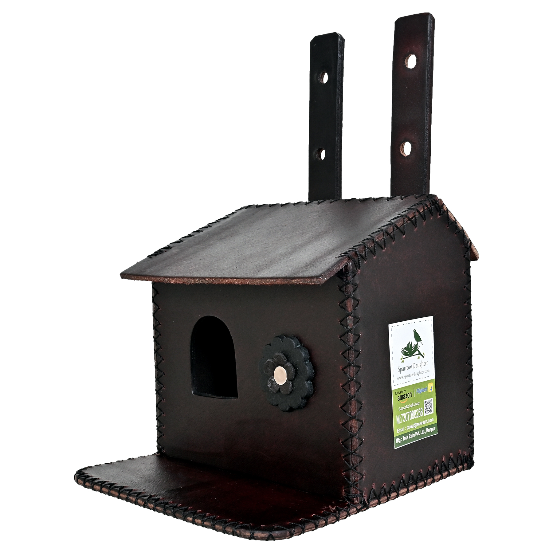 Flower Embedded Bird House For Sparrow - Leather, Vegan Leather, Synthetic Leather | Dark Brown, Dimensions: 16.5x16x26 Cm, Easy Installation, Handcrafted By Artisans