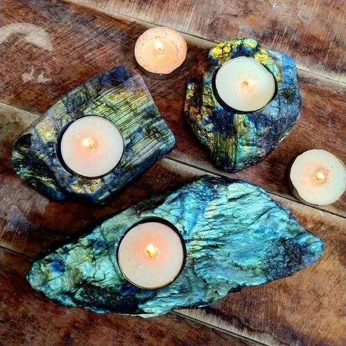 Natural Labradorite Gemstone Candle Holder Stand Irregular Shape - Grade: A+