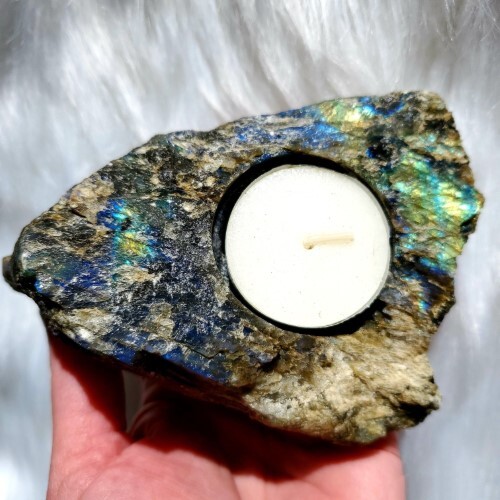 Natural Labradorite Gemstone Candle Holder Stand Irregular Shape - Grade: A+