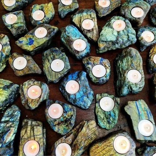 Natural Labradorite Gemstone Candle Holder Stand Irregular Shape - Grade: A+
