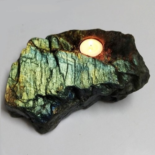 Natural Labradorite Gemstone Candle Holder Stand Irregular Shape - Grade: A+