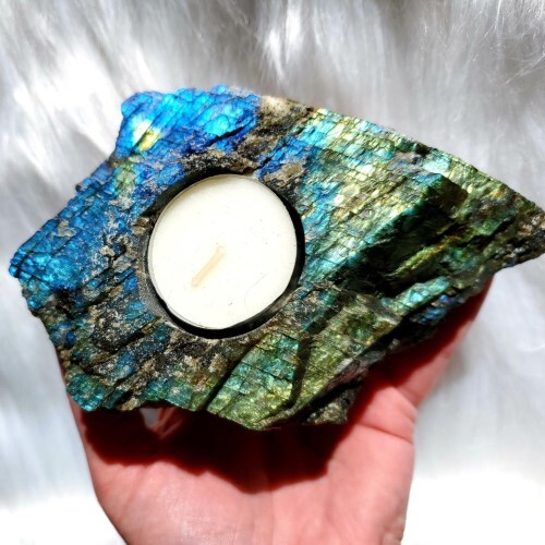Natural Labradorite Gemstone Candle Holder Stand Irregular Shape - Grade: A+
