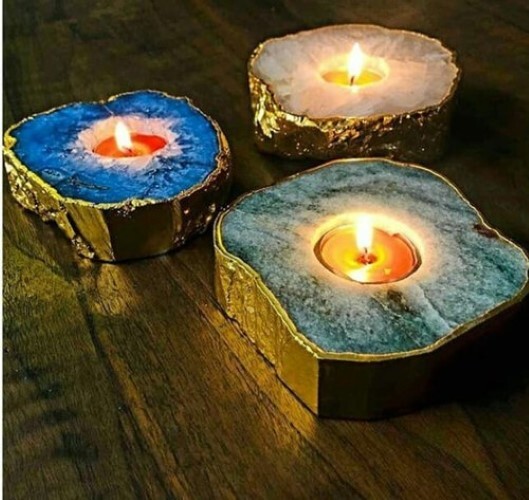 Natural Amazonite Gemstone Gold Plated Candle Holder Stand Irregular Shape - Grade: A+
