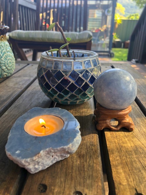 Natural Angelite Gemstone Candle Holder - 6 Inch Irregular Shape, Handmade Blue Natural Stone, 300 Gm Weight