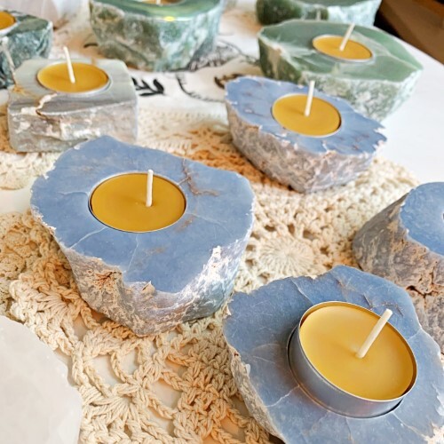 Natural Angelite Gemstone Candle Holder - 6 Inch Irregular Shape, Handmade Blue Natural Stone, 300 Gm Weight